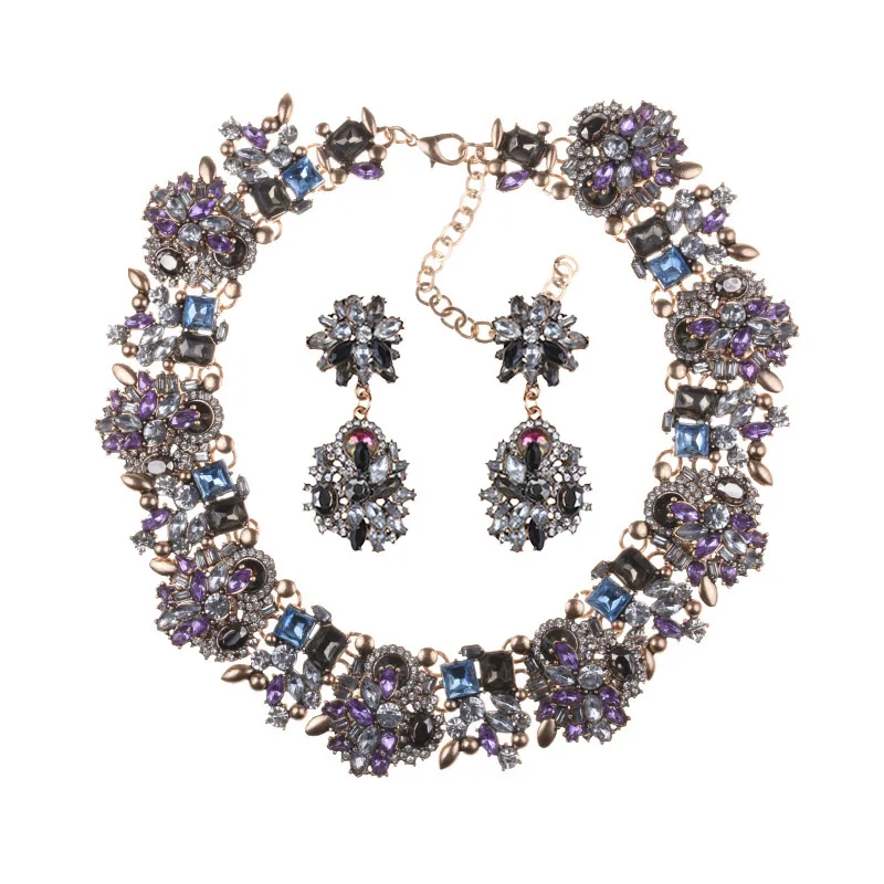 Luxury Crystal Rhinestone Necklace Earrings Jewelry Sets Women Indian Statement Large Collar Choker Necklace Wedding Jewelry