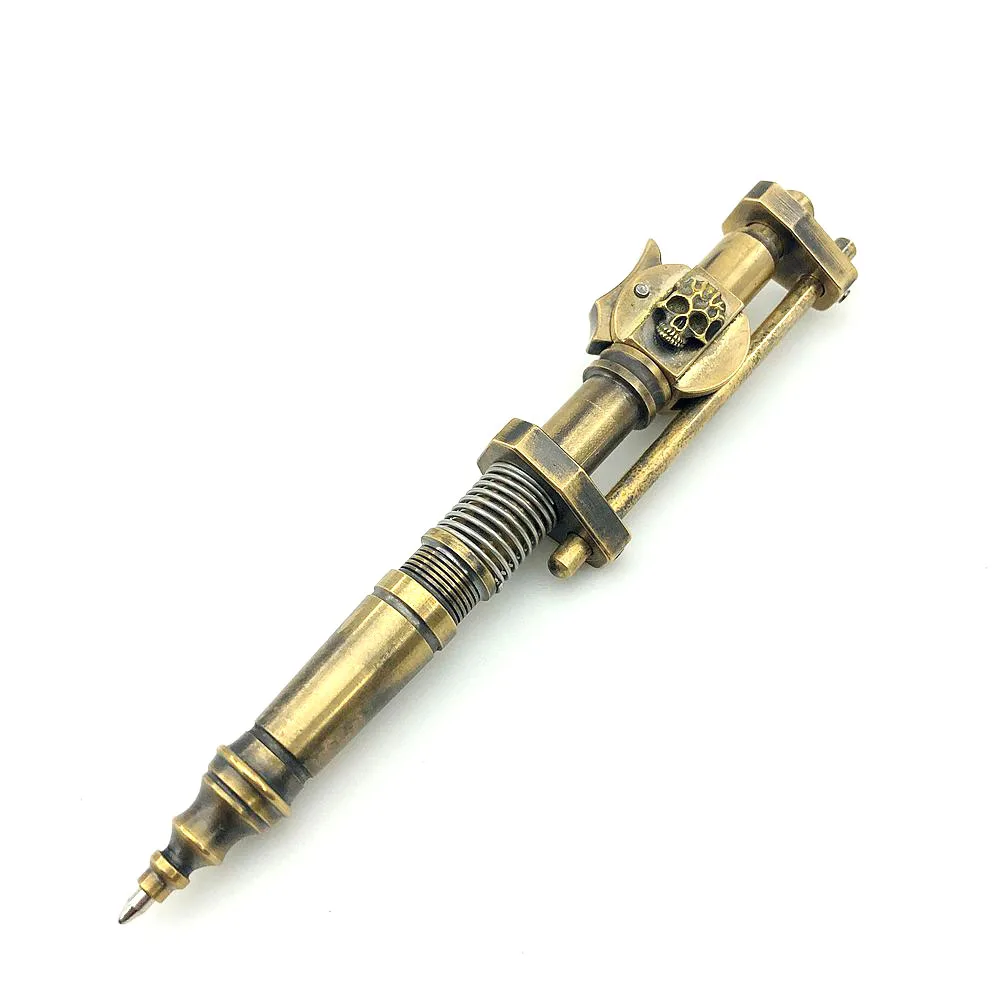 Outdoors Writing Tools EDC Handmade Dark Color Brass Skull Mechanical Sliding Pen Ballpoint Pen