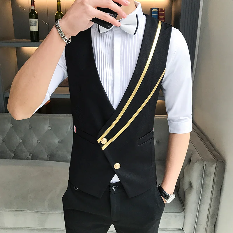 Business Casual Suit Vest for Men Formal Single Breasted Bar Waiter Work Uniform Nightclub Slim Fit Wedding Black Dress Vest Man