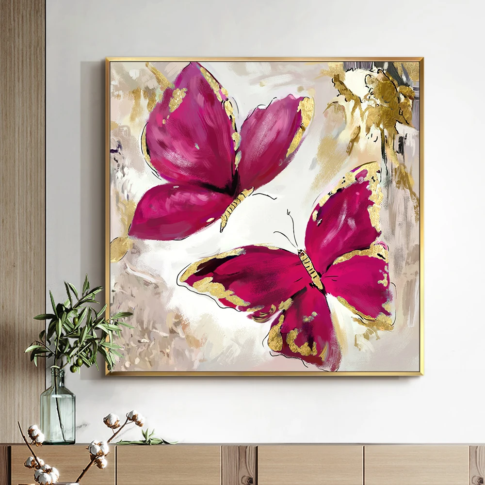 

Abstract Rose Red With Gold Butterflies Painting on Canvas Wall Art Picture Printed And Poster For Living Room Home Decoration