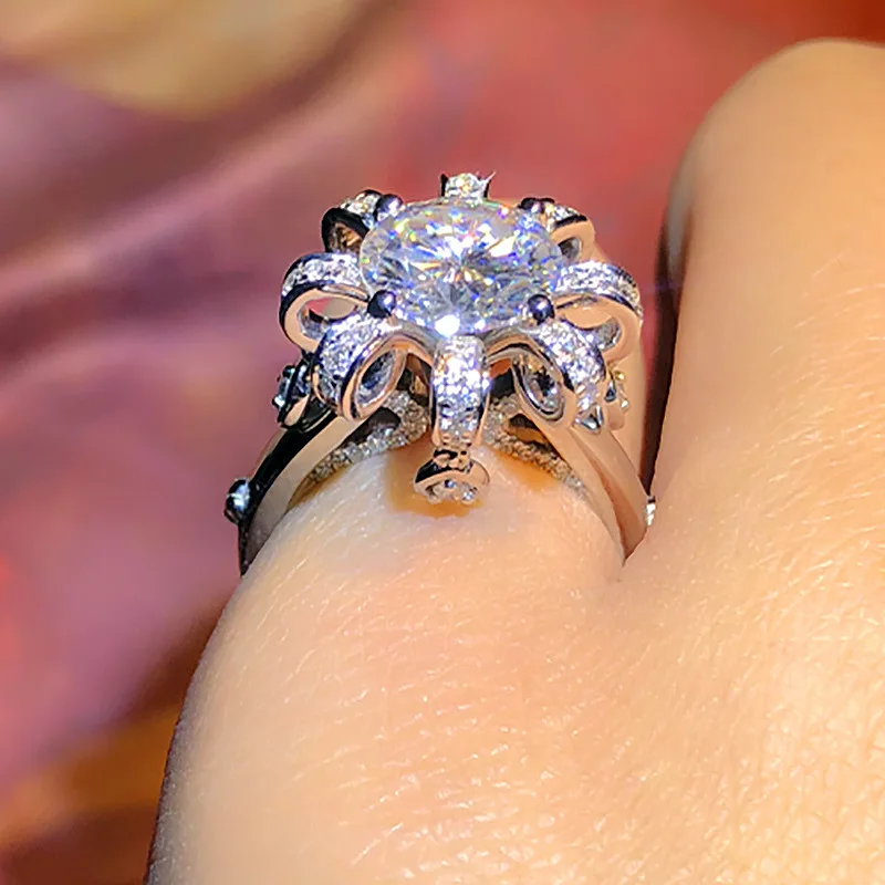Elegant Flower Crown 1ct Lab Diamond Ring 925 sterling silver Bijou Engagement Wedding band Rings for Women Bridal Party Jewelry 5