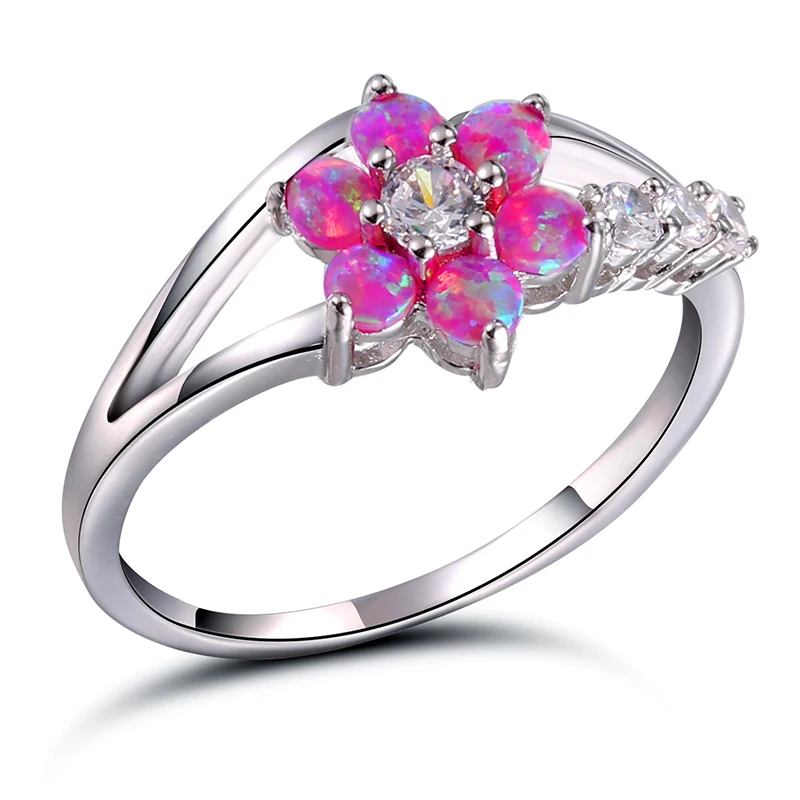 AMORUI Pink Opal Natural Stone Women Rings Cute/Romantic AAA Zircon Flower Shaped Druzy Silver Color Copper Rings