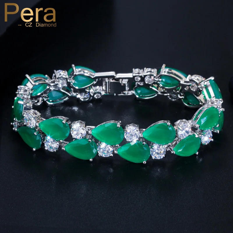 Pera Classic Green Water Drop Cubic Zirconia Double Rows Big Wide Round Bracelets Bangles for Women Anniversary Party Gift B159