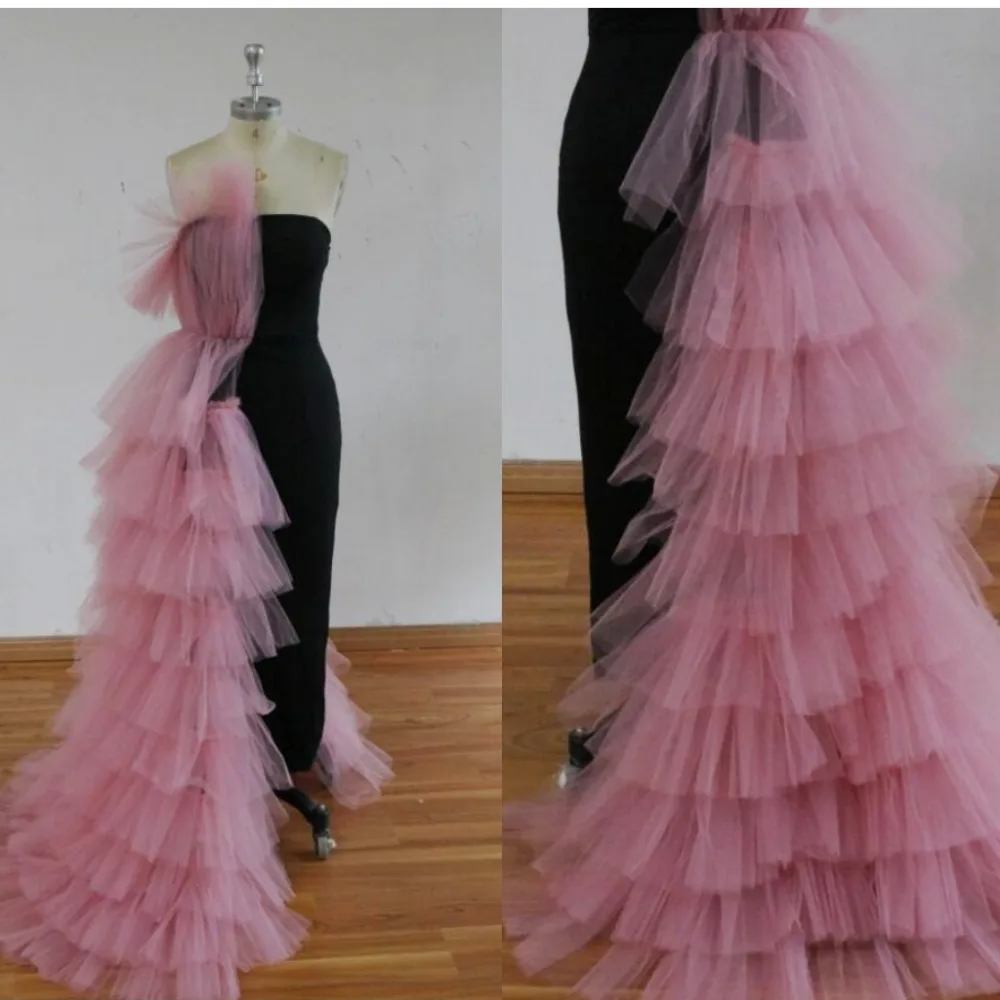 Tendance 2021 noir droit robe de bal 2020 Couture rose Tulle à plusieurs niveaux longues robes de soirée volants arabe formelle femmes robe de soirée