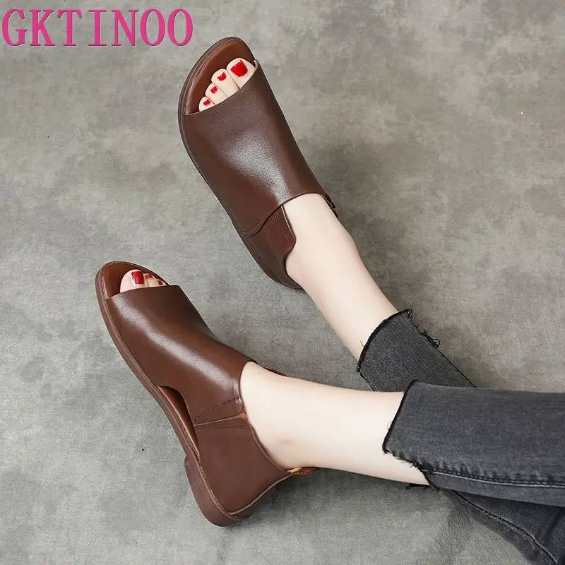 GKTINOO 2024 Luxury Women Genuine Leather Sandals Summer Slip On Flat Gladiator Sandals Women Handmade Retro Open Toe Shoes