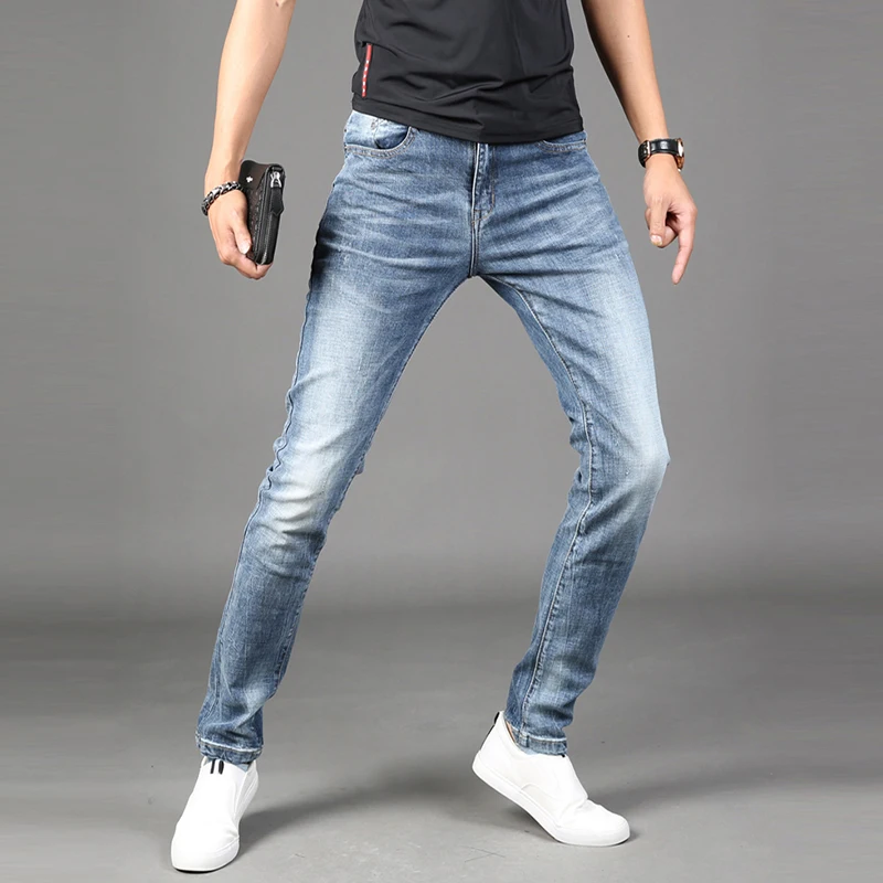 Men's Jeans Summer Blue Stretch Straight Slim Fit Pants Fashion Korean Style Thin Denim Trousers