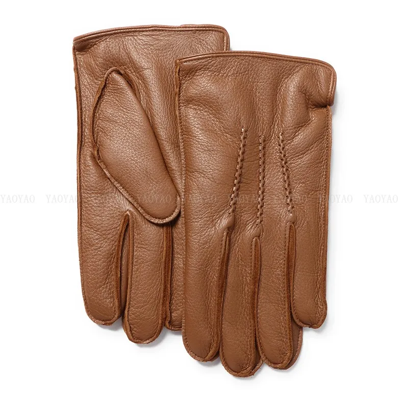 

LUXURY Men Wool Inside Thick Genuine Leather Gloves Male Real Deerskin Soft Brown/Black Mittens Winter Riding Fleece Warm Luvas