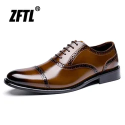 ZFTL Men's Dress shoes Man Oxford Shoes Brogue Carved Business shoes Male Wedding Banquet shoes Men's Genuine Leather Retro shoe