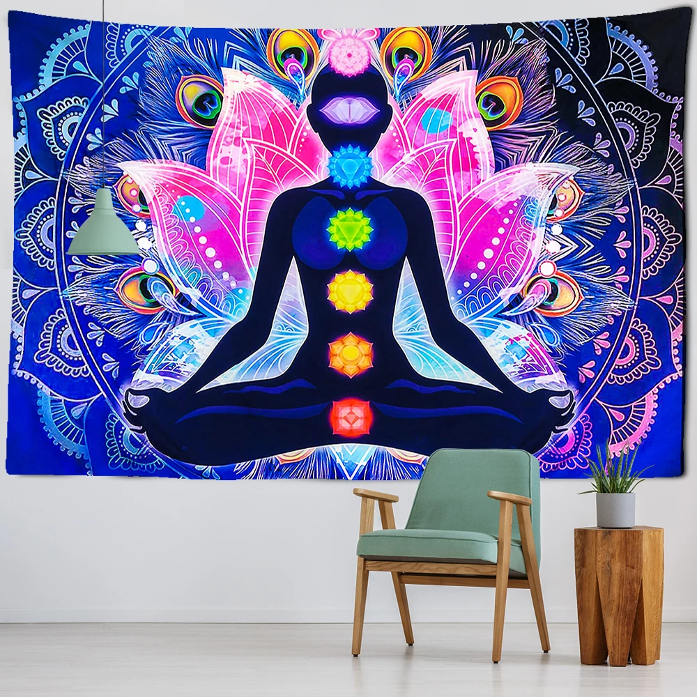 Wall Hanging Indian Buddha, Meditation 7 Chakras Tapestry Wall Hanging, Mandala Psychedelic Yoga Tapestry, Bohemian Hippie Backg