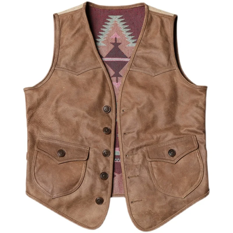 Vintage American Navajo Leather Vest Mens Genuine Leather Cowhide Sleeveless Jackets West Cowboy Waistcoat High Quality