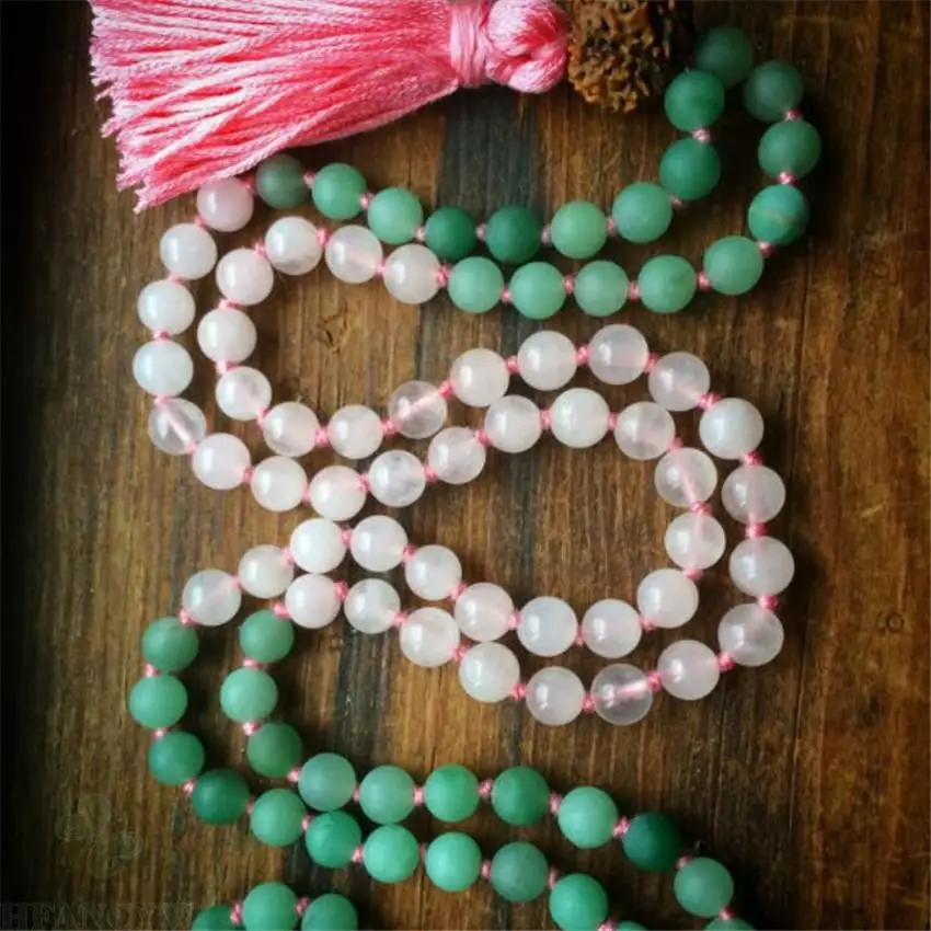 

8mm Pink crystal Green Jade Gemstone Mala necklace 108 Beads Healing Buddhism men natural Multicolor Fancy Meditation