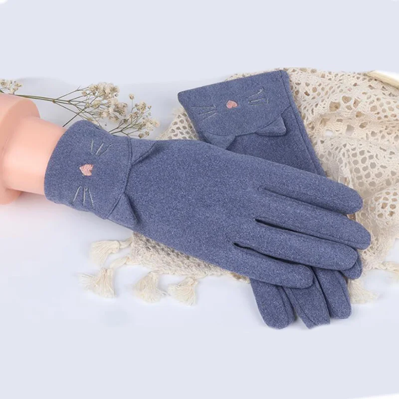 Female Autumn Cute Rabbit Cat Embroidery Gloves Cashmere Elastic  Driving Gloves Women Rabbit Fur Thin Cycling Warm Gloves D50