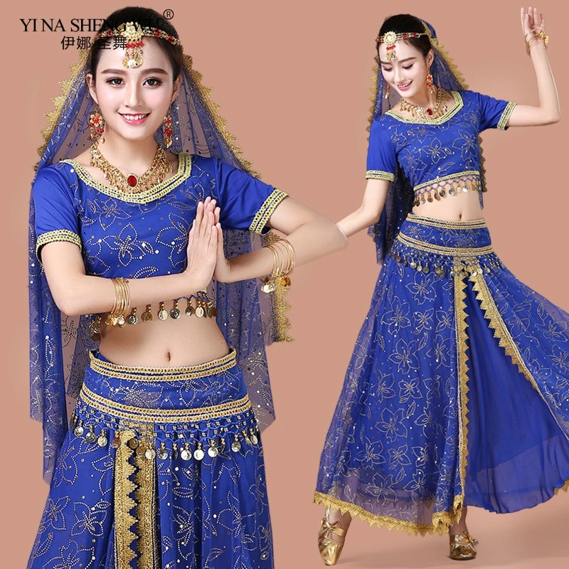 Bollywood Belly Dance Costume Set Indian Dance Sari 2/3/4/5pcs Chiffon Belly Dance Clothing Women Oriental Dance Practice Suit