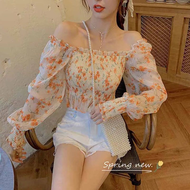 Floral Blouses Women Crop Top Slim Spring Romance Design Elegant Retro Holiday Fashion Soft Sweet Ladies Mujer College Popular