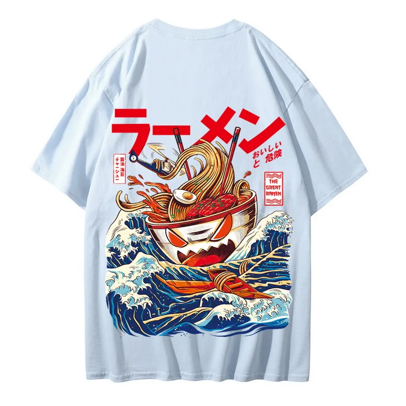 Japanese Harajuku T-Shirt Men 2021 Summer Hip Hop T Shirts Noodle Ship Cartoon Streetwear Tshirts Short Sleeve Casual Top Cotton