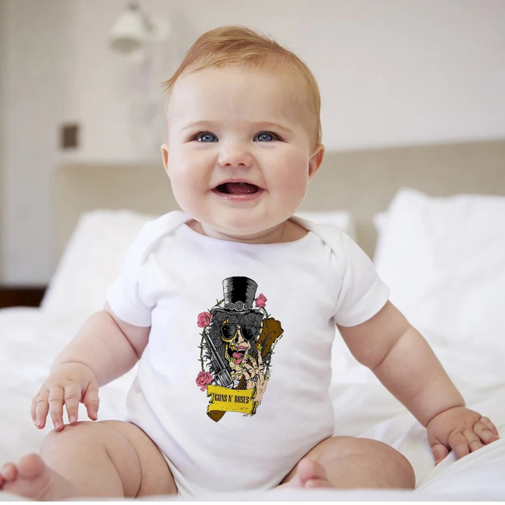 Novidade 2021 guns n' roses bebê bodysuit conjunto moda rock bebê menino roupas de verão manga curta recém nascido macacão 0-24m dropship