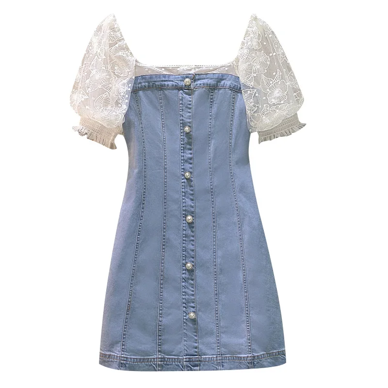 Female Jeans Dress 2022 Summer New Women Dress Denim Stitching Lace Short-Sleeved Square Neck Lady Street Denim Dress