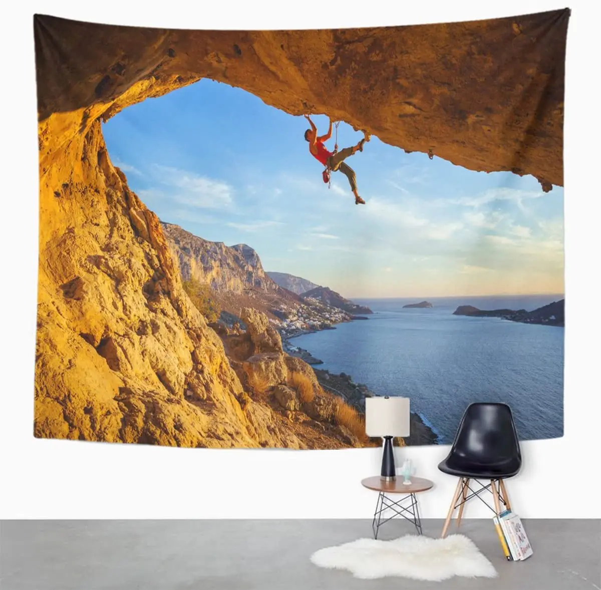 Climb Male Climber on Overhanging Rock Against Beautiful View of Coast Below Mountain Sport Tapestry Wall Hanging