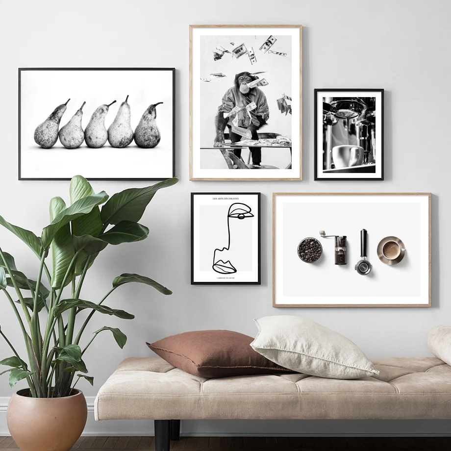 Nordic Vintage Poster Monkey Pears coffee Champagne Abstract Face Wall Art Print Canvas Painting Decor Pictures For Living Room