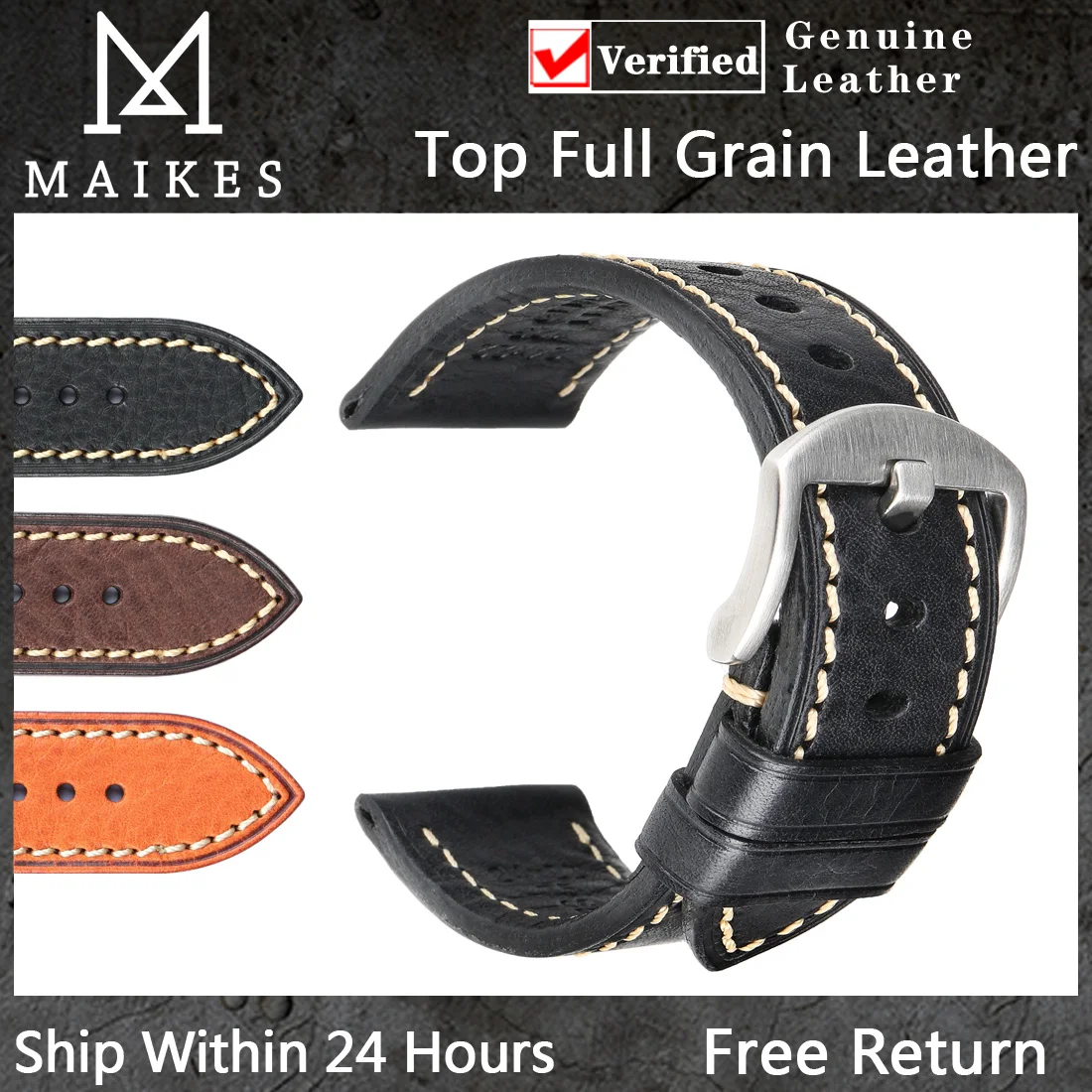 MAIKES Handmade AAA Leather Watch Band 20mm 22mm 24mm For Tissot Seiko Watch Accessories Bracelet Vintage Black Watch Strap