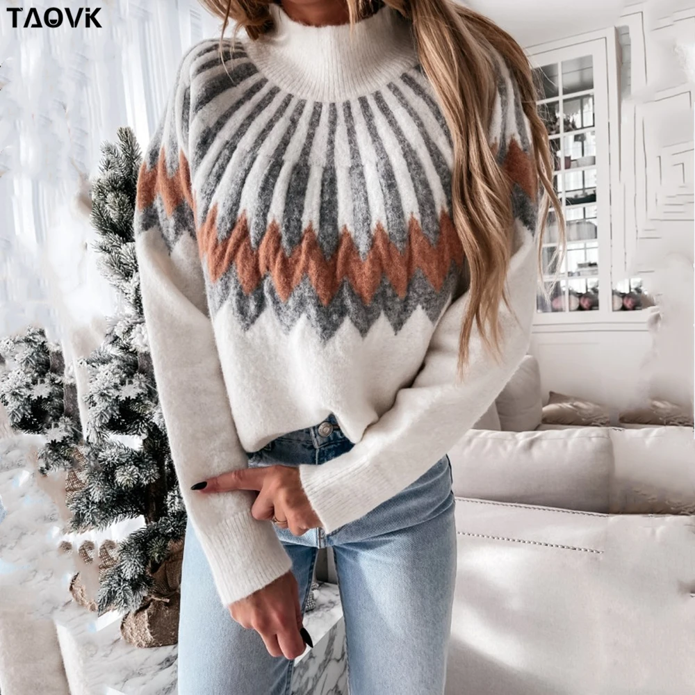 Maglione Casual autunno inverno TAOVK da donna collo alto maglia manica lunga contrasto colore sciolto top Pullover morbido maglione caldo