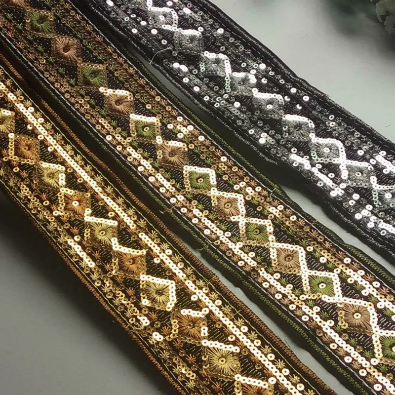 2 Yards 5cm Ethnic Gold Thread Sequins African Lace Trims Geometric Lace Ribbon DIY Sewing Dress Decoration Bridal Lace