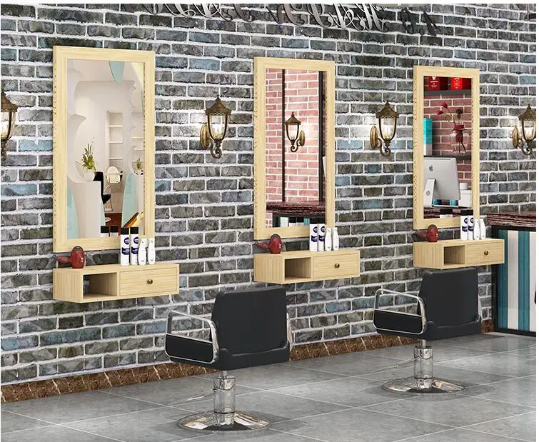 Real wood retro barber shop mirror barber shop wall hanging cosmetics one-sided frame balcony floor tool cabinet