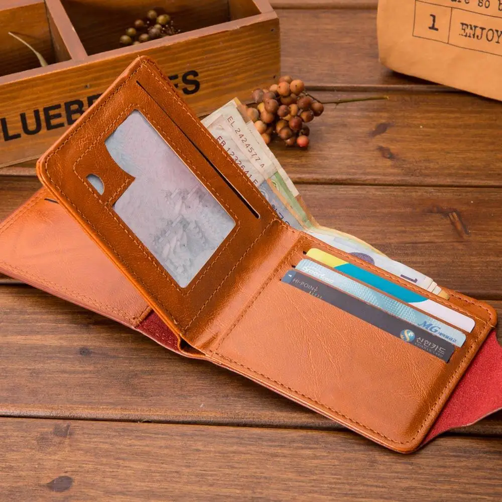 100% high quality brand new  Pocket Wallet Brown Pu wallet double fold credit card photo purses  mini purse