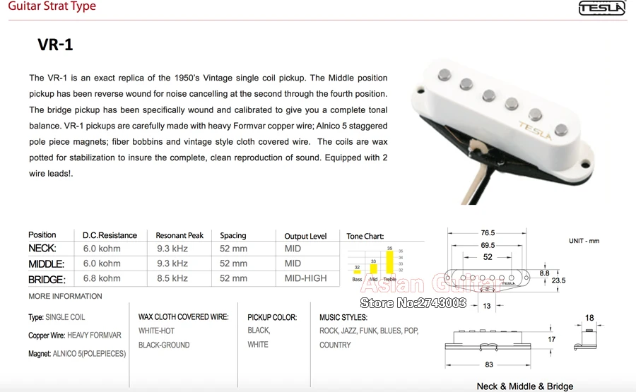 Tesla VR-1 Single Coil Alnico Guitar Pickup, White Color Wax Potted Pickup, Neck or Middle or Bridge Position