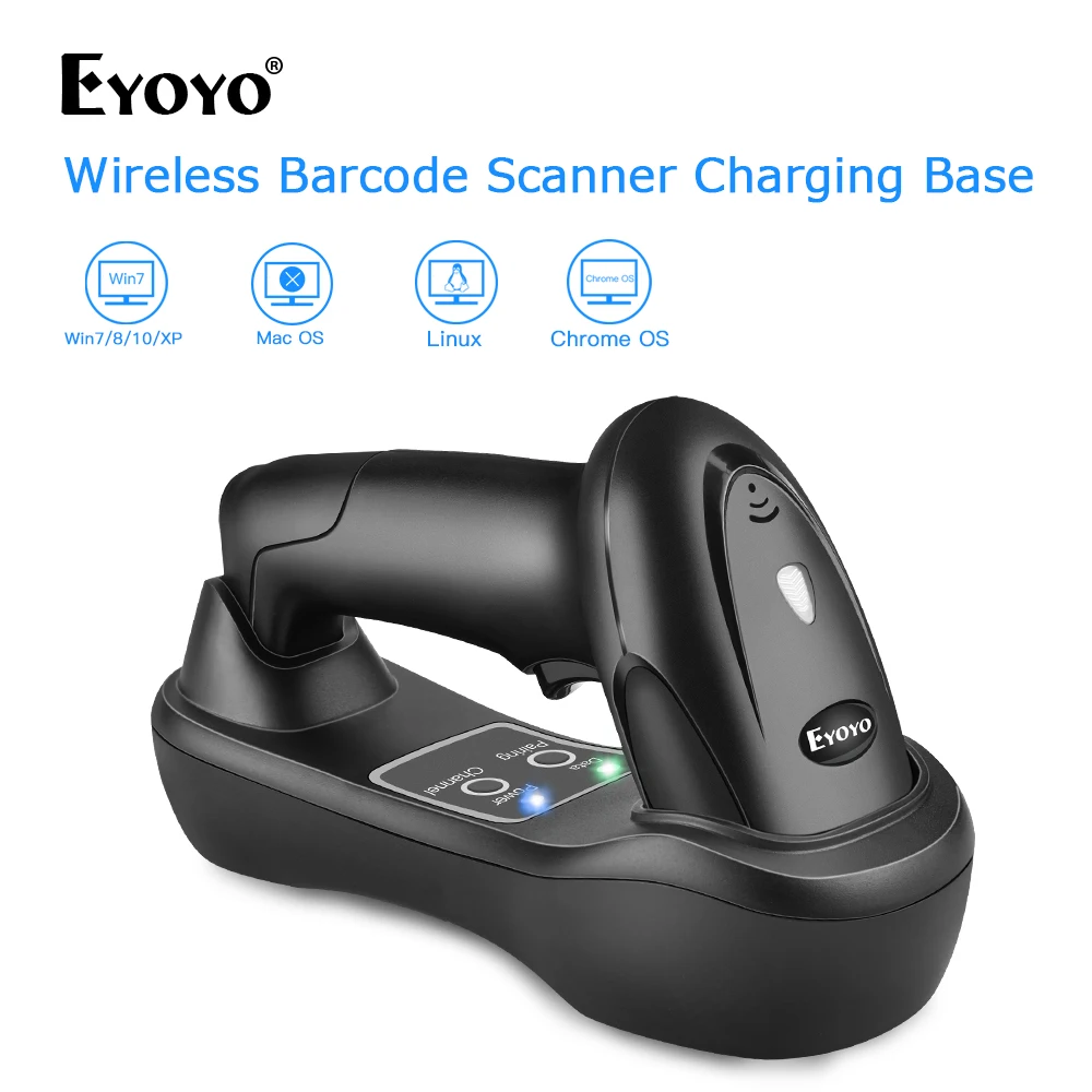 Eyoyo-Handheld Barcode Scanner sem fio, leitor, berço USB, receptor, base de carregamento, Bar Code Scan, digitalização portátil, 1D, EY-6900D