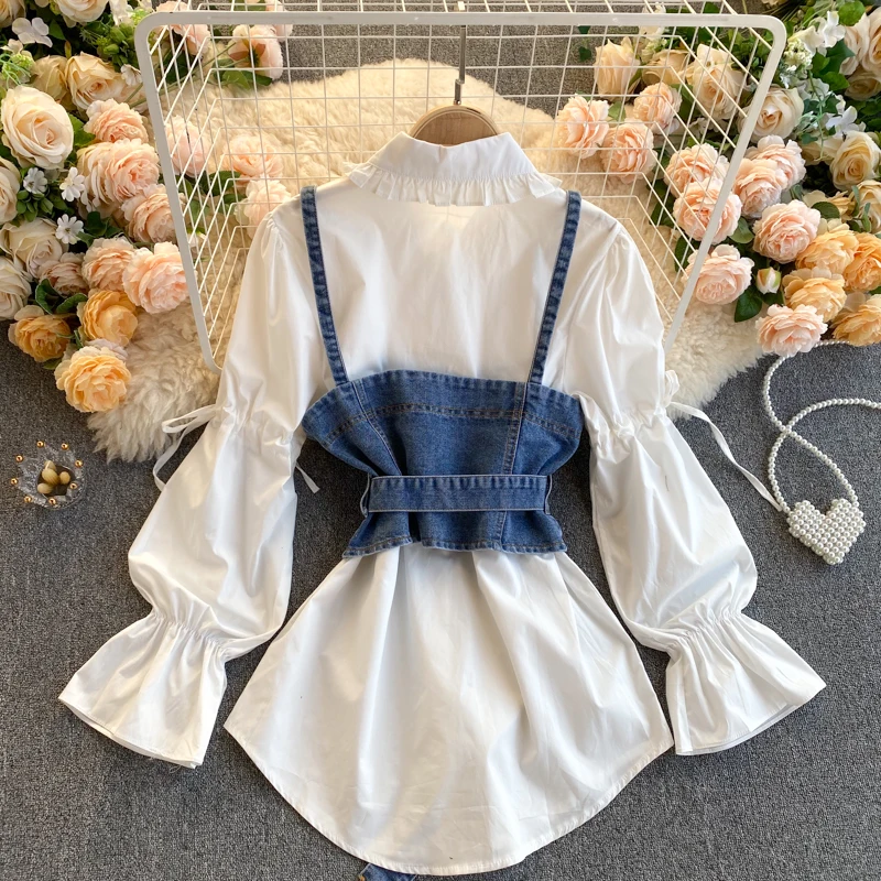 Retro Denim Vest and Shirt 2Pcs Women\'s Set 2021 Ruffle Lace Up Bubble Sleeve Loose Shirt Denim Suspender Vest Two-piece Set