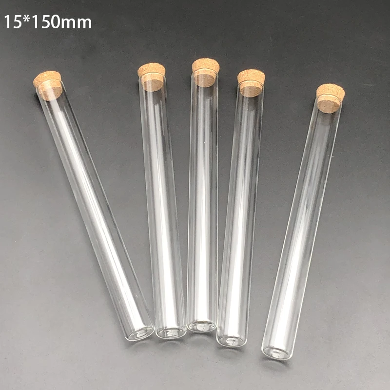 20pcs/Pack 15x150mm Lab Transparent Flat Bottom Glass Test Tubes With Cork Wooden Stoppers for Laboratory Container