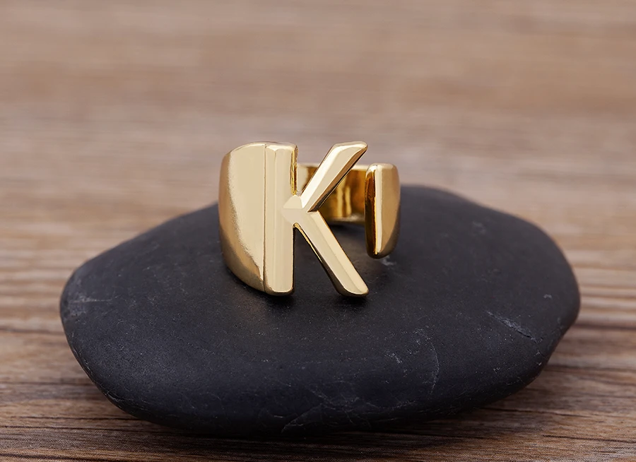 Trendy Hollow A-Z Letter Gold Color Adjustable Opening Ring Initials Name Alphabet Female Chunky Wide Party Wedding Jewelry