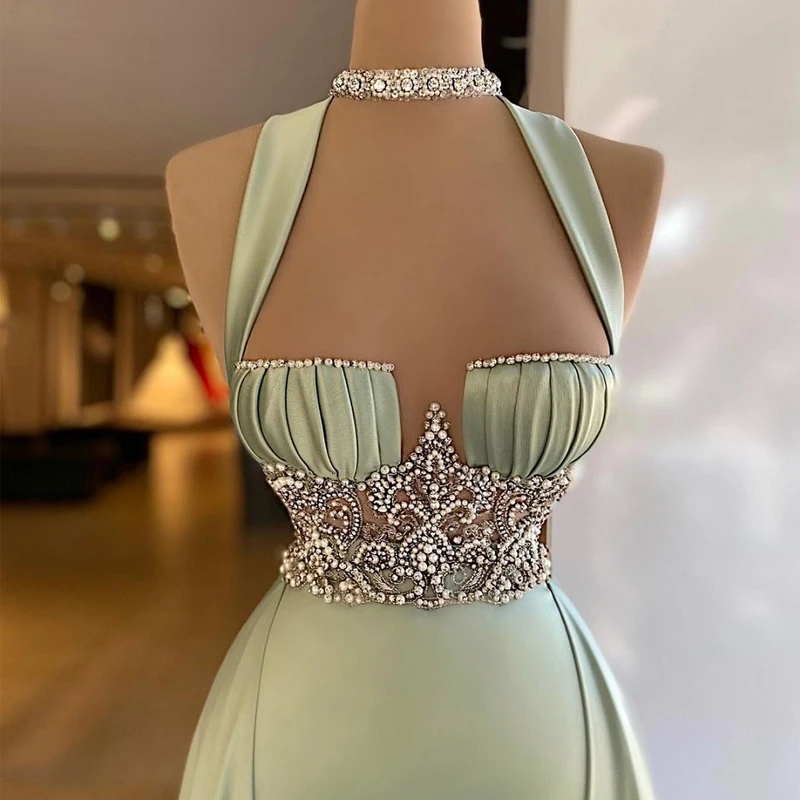 Thinyfull Arabic Green Mermaid Evening Dress Elegant Sleeveless Halter Neck Satin Beading Prom Dresses Party Gowns Customized