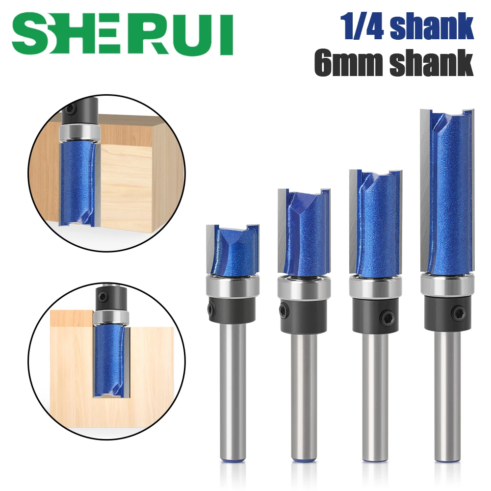 6mm 1/4in Shank Flush Trim Router Bit Tungsten Carbide Template Pattern Bit Bearing Straight End Mill Woodworking Tools