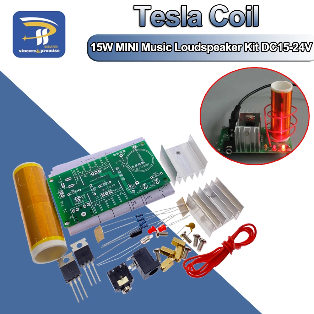 Tesla Coil DIY Electronic Kit Parts Production Magic Props 15W MINI Music Loudspeaker Production 3.5mm Socket DC 15-24V 2A