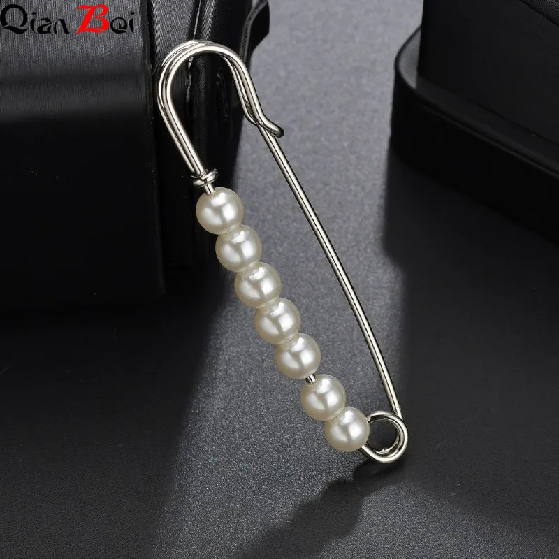 QianBei Fixed Straps Anti Slip Pin Jewelry Simple Enamel Big Pearl Brooch Women Charm Accessories Cardigan Anti Wearing Pins