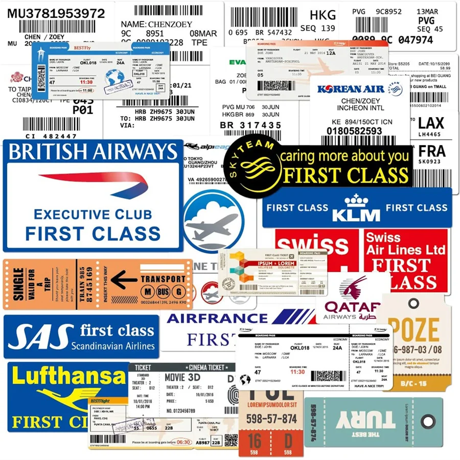 

30 PCS Airline Stickers Boarding Check Air Ticket Stickers Laptop Stickers Decals for Water Bottle Laptops Ipad Cars Luggages