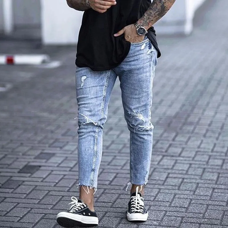 

Casual Skinny Jeans Ankle Length Ripped Denim Pant Zipper Fly Men Clothing Cut Bottom Pencil Pant Light Blue Cowboys Streetwear