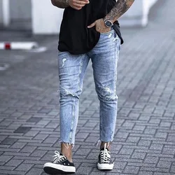 Casual Skinny Jeans Ankle Length Ripped Denim Pant Zipper Fly Men Clothing Cut Bottom Pencil Pant Light Blue Cowboys Streetwear