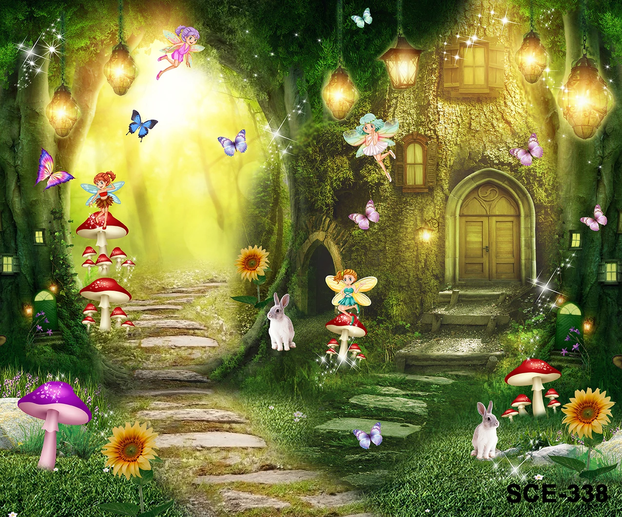 Spring Fairy Tale Magic Forest Mushroom Wonderland Photography Green Background Flower Fairy House Children Party Background