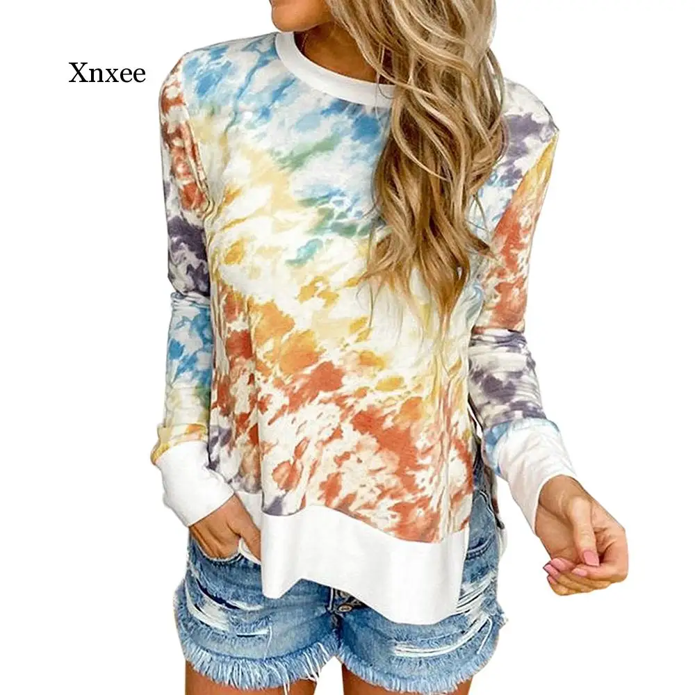 

2020 New Womens Tie-dye Sweatshirt Print Top Loose Casual Round Neck Tops Long Sleeve Pullover