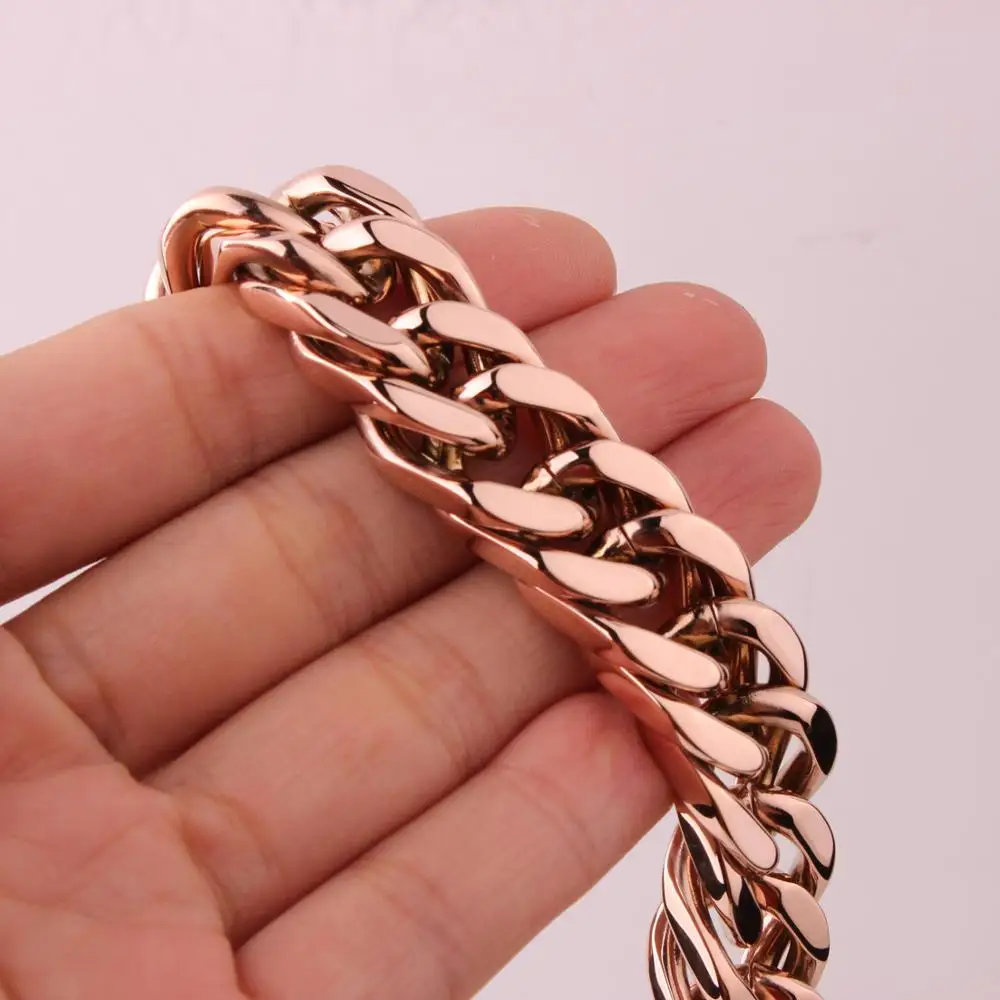 Charming Rose Gold Color Chain & Link Cuban Bracelets Man Cool Stainless Steel Cowboy Rock Curb Bangles For Men Women Jewelry