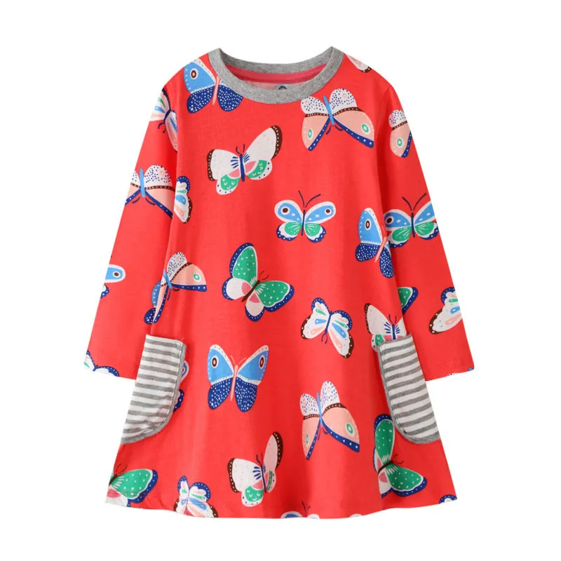 Jumping Meters 3-12T Long Sleeve Autumn Girls Pockets Cotton Clothing Butterflies Print Party Girls Dresses