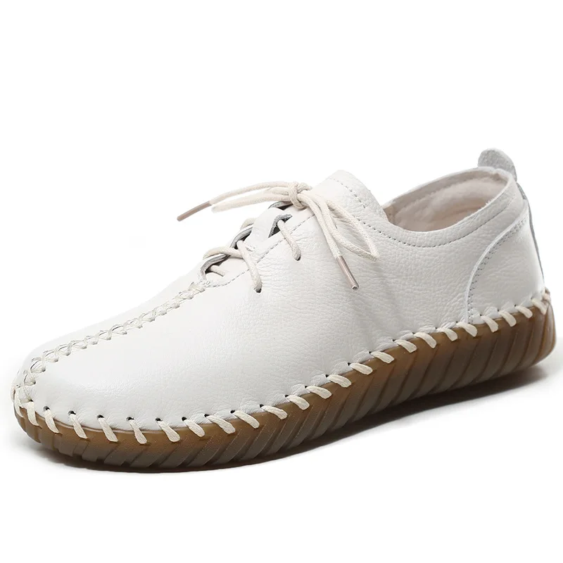 2023 New Spring Lace-up 100% Natural Full Genuine Leather Shoes Casual Sneakers  Flat Soft Sole Hand-stitched Shoes Women Flats