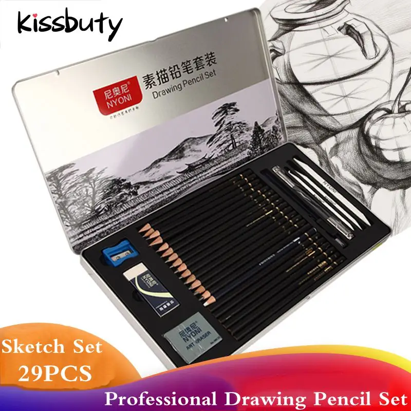 

29Pcs Professional Sketch Pencil Set Sketching Charcoal Drawing Kit Wood Pencils Set For Painter School Students Art Supplies