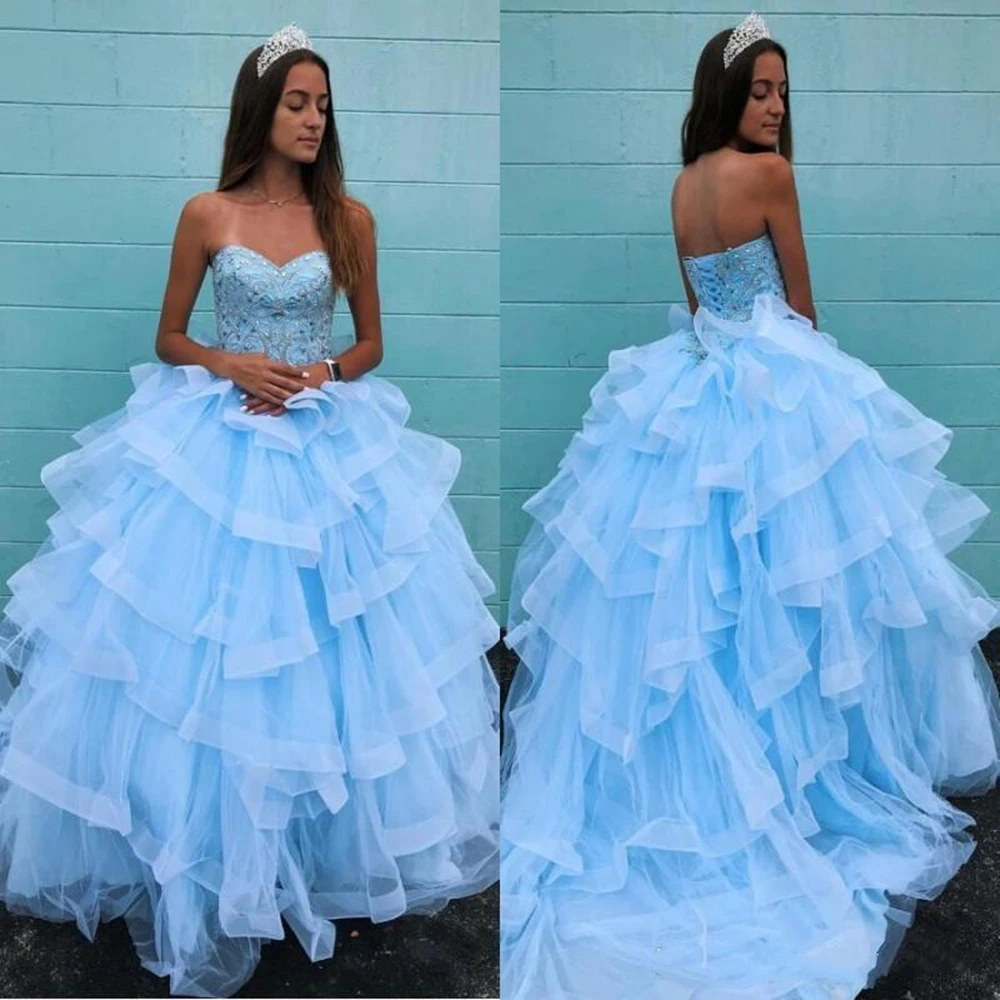 2020 Tiered Sweep Train Tulle Puffy Princess Evening Dresses Sweetheart Beaded Lace Up Back Party Gowns Sweet 16 Prom Dress