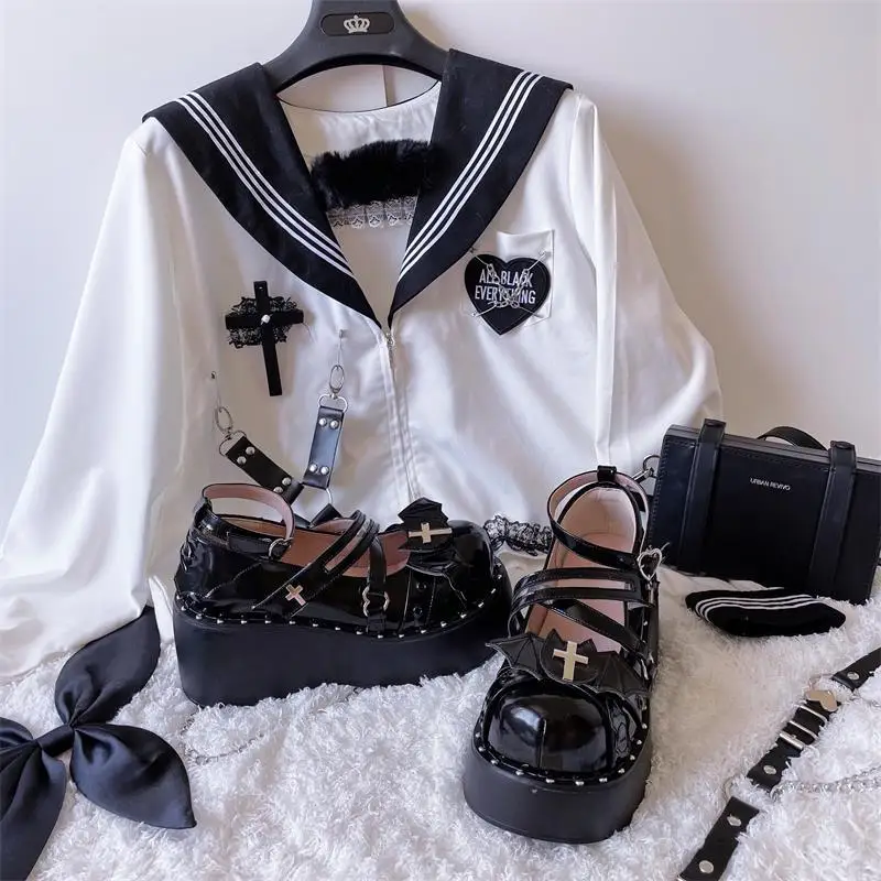 女性のためのヴィンテージパンクスタイルの靴,和風,丸い頭,厚い底,クロスバンデージ,ルリ,コスプレ