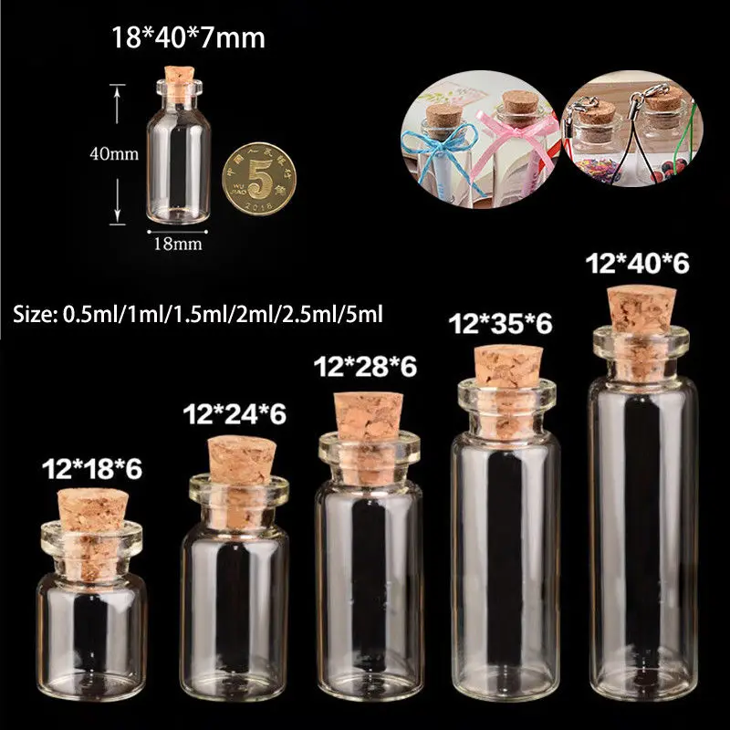 10pcs 0.5ml/1ml/2ml/5ml Small Bottle Glass Jars Decor DIY Clear Containers Mini Massage Vials Ornaments Cork Stopper Mason Pots