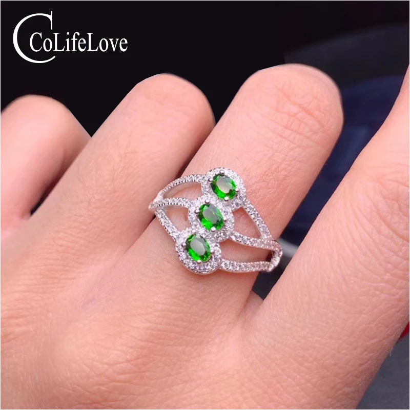 CoLife Jewelry Chrome Diopside Ring for Daily Wear 3 Pieces 3*4mm Natural Diopside Silver Ring 925 Silver Diopside Jewelry